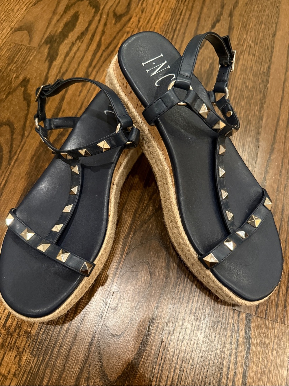 INC International Concepts Navy Studded Espadrille Wedge Sandals Size 8.5